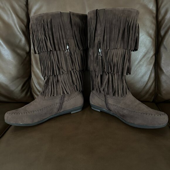 Comfortview Faux Suede Fringe Pull-On Moccasin Boots, Brown, 11WW - Picture 4 of 14